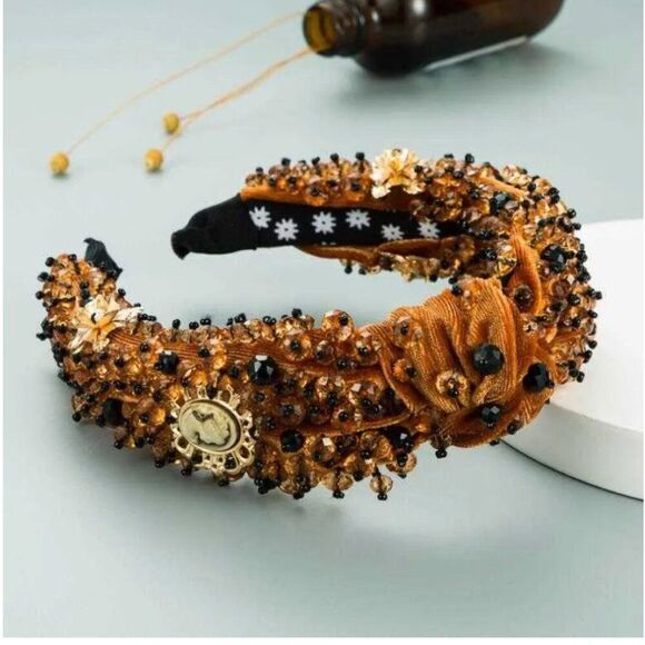 Statement Velvet Rich Amber Beaded Headband w/ Gold Cameo & Gem Embellishment - Picture 3 of 4